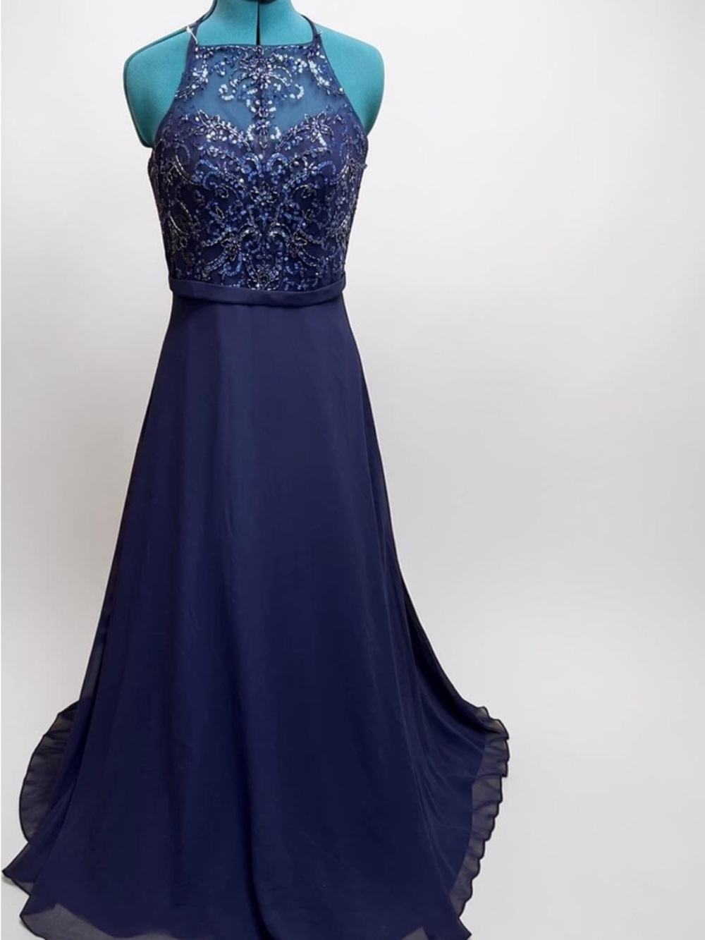 Mori Lee Navy Beaded Halter Prom Gown